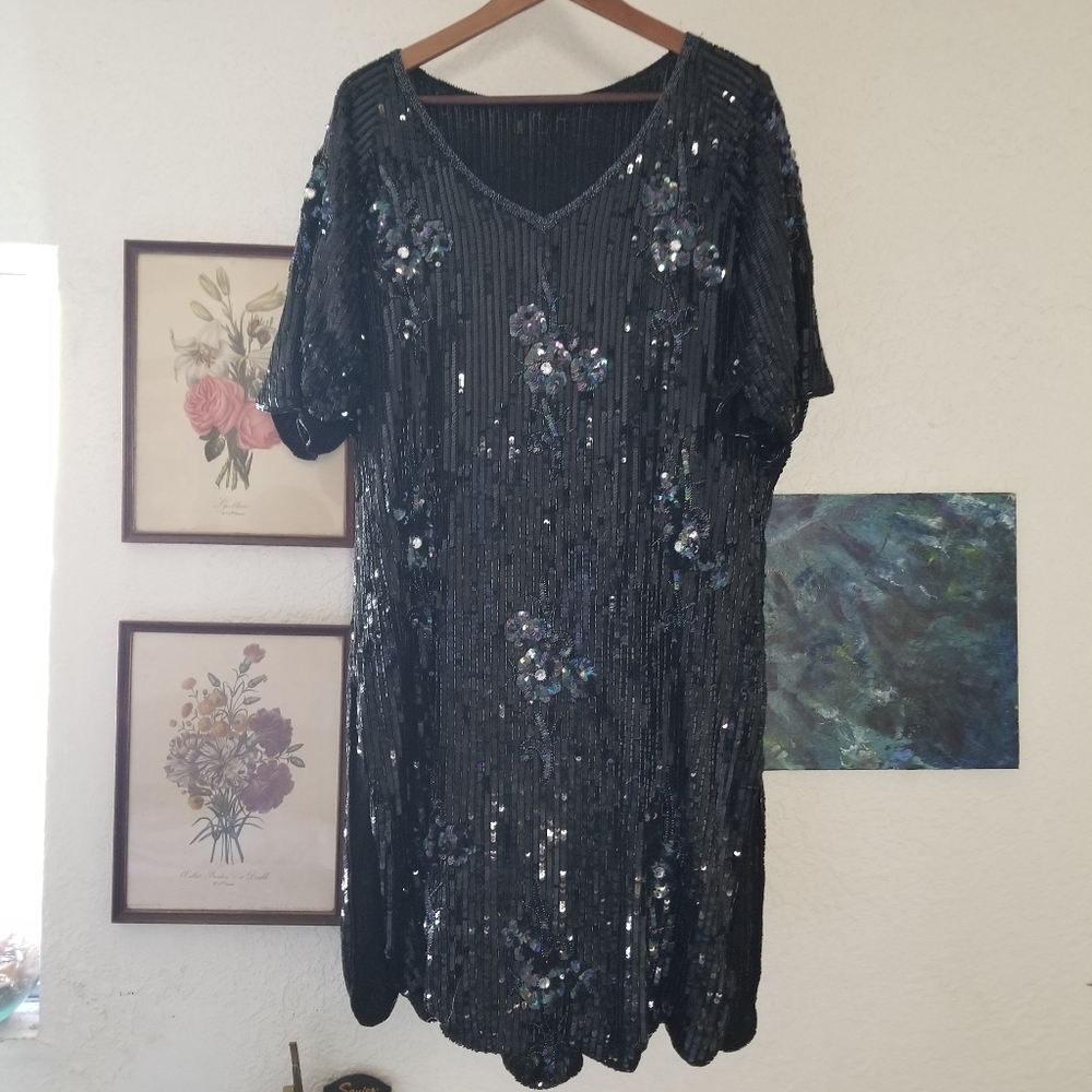Vintage black sequined shift dress